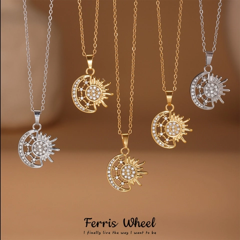 Stainless Steel Sun And Moon Pendant Necklace For Women Retro French Style Pave Rhinestone Clavicle Chain Jewelry Elegant Gift
