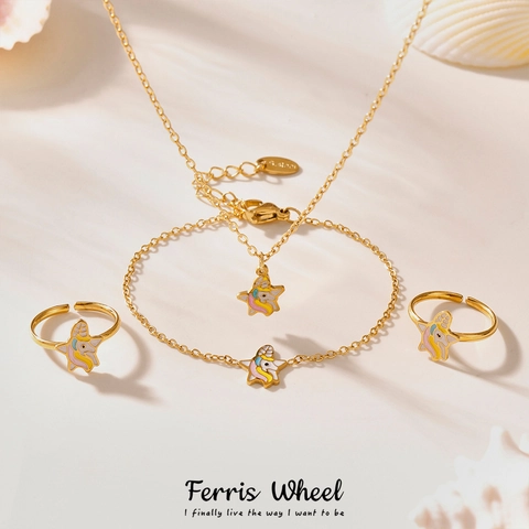 Gold Plated Stainless Steel Star Unicorn Jewelry Set For Kids Girls Cute Enamel Necklace Bracelet Adjustable Ring Anklet Cartoon Jewelry