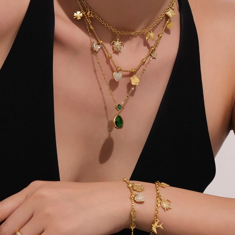 Roestvrij Stalen Zirconia Ketting Armband Sieradencollectie Voor Dames Goud Staal Kleur Schildpad Vlinder Hanger Accessoires