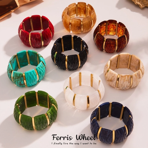 Vintage Resin Stainless Steel Bangle Bracelet For Women Wide Geometric Elastic Square Pattern Chunky Fashion Jewelry
