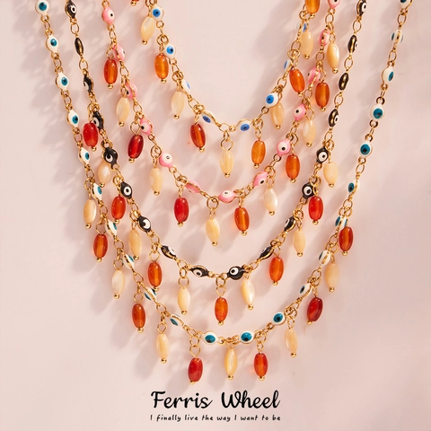 Bohemian Roestvrij Staal Boze Oog Halsketting Meerkleurige Natuurlijke Agaat Kwastjes Hanger Emaille Sleutelbeenketting Sieraden