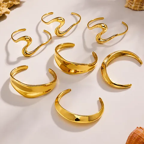 Brazalete Abierto de Acero Inoxidable con Onda Irregular Minimalista Pulido Geométrico Joyería para Mujer Oro Plata