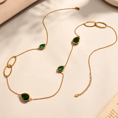 Bohemian Retro Stainless Steel Long Sweater Necklace With Water Drop Glass Stone Pendant For Women Jewelry Accessory