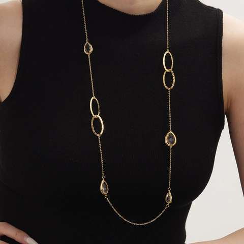 Stainless Steel Water Drop Glass Stone Long Necklace For Women Gold Silver Plated Colorful Rhinestone Sweater Chain Fashion Jewelry