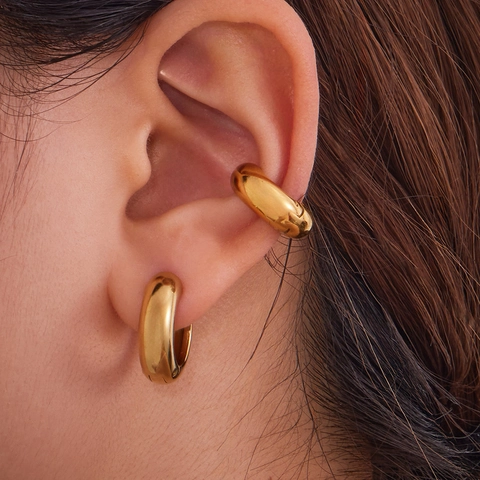 Minimalist Stainless Steel Chunky Hoop Earrings For Women 18K Gold Plated Two Tone Geometric Circle Huggie Jewelry Gift
