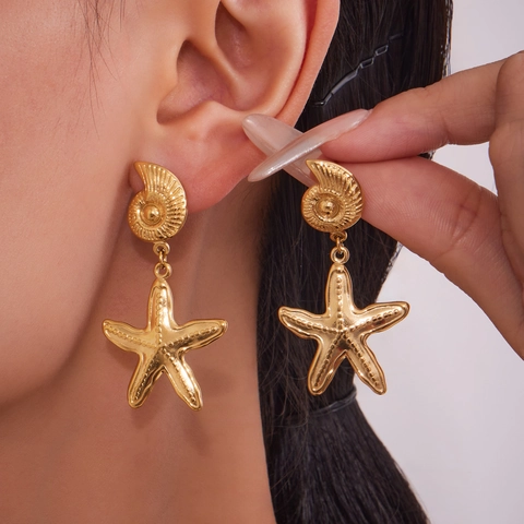 Stainless Steel Marine Starfish Shell Conch Drop Earrings For Women Summer Beach Vacation Jewelry Gold Silver Plated Dangle Earrings