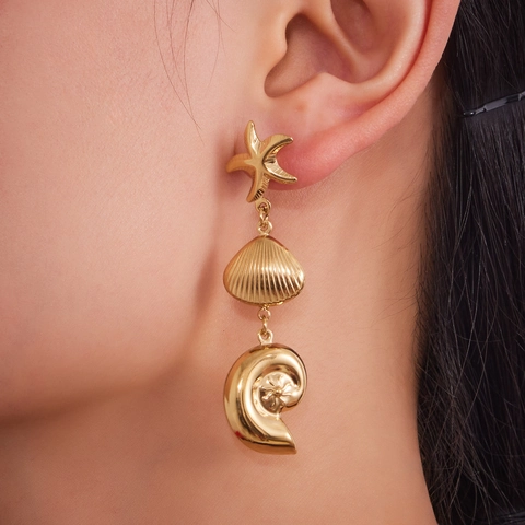 Stainless Steel Marine Starfish Shell Conch Drop Earrings For Women Summer Beach Vacation Jewelry Gold Silver Plated Dangle Earrings