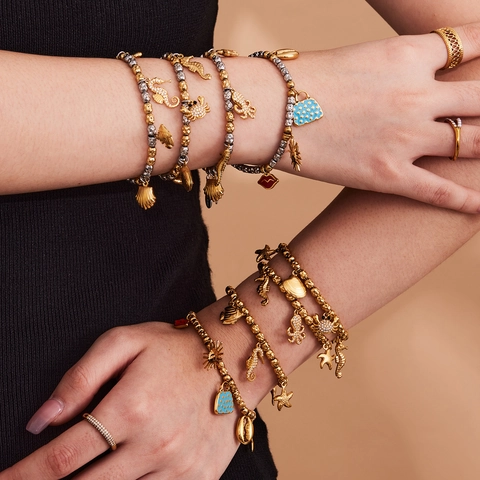 Pulsera de Amuletos de Cuentas de Acero Inoxidable para Mujer Tema Oceánico Estrella de Mar Concha Delfín Labios Bolso Tacones Altos Joyería de Cadena Ajustable