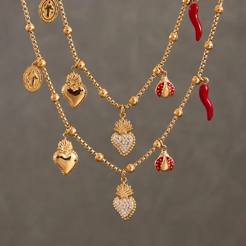 Vintage Edelstahl Multi Anhänger Halskette Für Damen Vergoldet Emaille Roter Chili Marienkäfer Herz Religiöse Münze Zirkonia Halskette Schmuck
