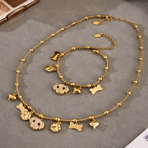 Stainless Steel Dog Heart Paw Bone Pendant Jewelry Set With Zirconia For Women Fashion Animal Necklace Bracelet Jewelry