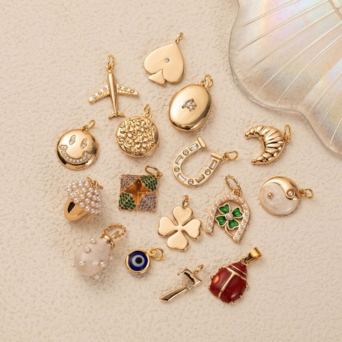 18K Gold Plated Copper DIY Pendant Necklace For Women Minimalist Heart Smiley Evil Eye Clover Paperclip Chain Jewelry Making Gift