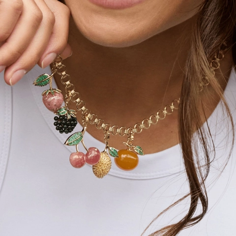 Summer Fruit Cherry Lemon Grape Orange Strawberry Pendant Necklace Copper 18K Gold Plated Fashion Jewelry Gift