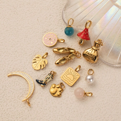 Collier Pendentif DIY en Acier Inoxydable pour Femme Perle Artificielle Plaqué Or Rond Cercle Étoile Lune Cœur Bijoux Accessoires