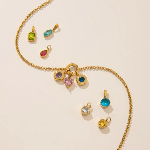 Edelstahl 12 Geburtssteine Anhänger Halskette Für Damen 18K Vergoldet Strass Geometrische Maiskette Mode Schmuck