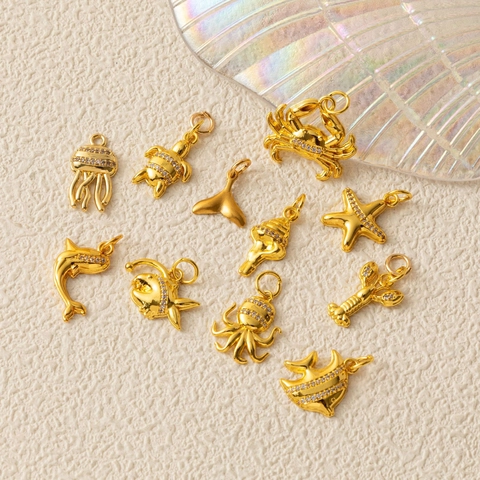 Ocean Theme Gold Plated Copper Marine Animal Charms Rhinestone Starfish Turtle Jellyfish Pendants For DIY Jewelry Making