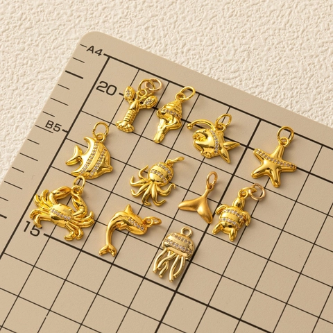 Ocean Theme Gold Plated Copper Marine Animal Charms Rhinestone Starfish Turtle Jellyfish Pendants For DIY Jewelry Making