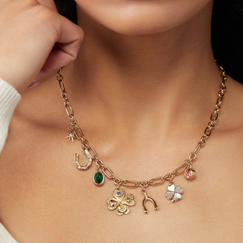 Lucky Four-leaf Clover Pendant Necklace For Women Copper Gold Plated Pave Rhinestone Star Horseshoe Wishbone Charm Jewelry Gift