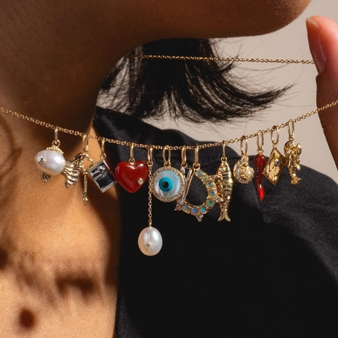 14K Gold Plated Copper Birthstone Pendant Necklace With Colorful Rhinestone Heart Horseshoe Key Charms For Women Jewelry