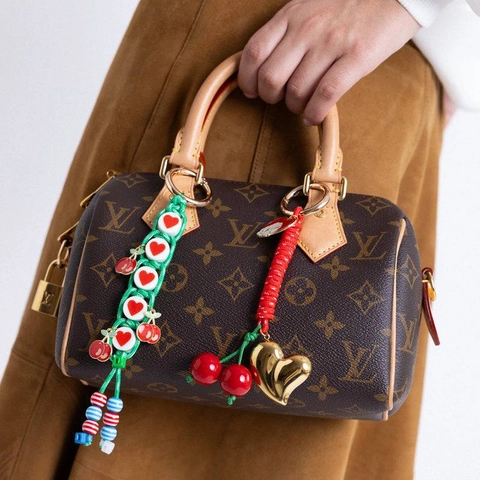 Handgewebter Taschenanhänger Schlüsselanhänger 18K Vergoldet Kupfer Herz Kirsche Frosch Perlen Anhänger DIY Taschenzubehör Damen Schmuck