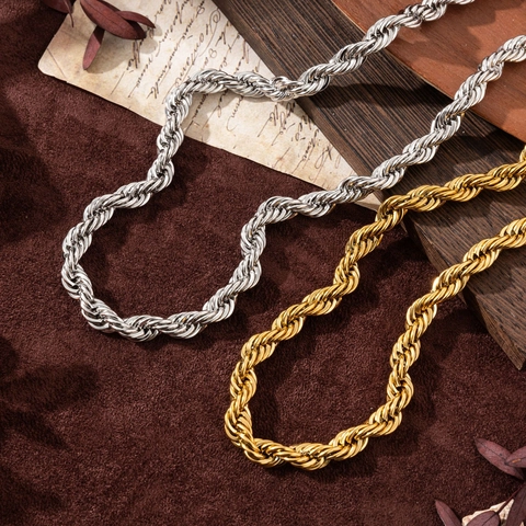 18K Gold Plated Stainless Steel Rope Chain Necklace For Men Women Thick Twist Link Chain Fashion Jewelry Accessory Gift