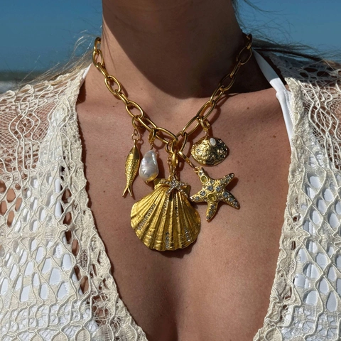 Gold Plated Marine Theme Pendant Necklace For Women Ocean Style Fish Starfish Seahorse Seashell Fashion Beach Jewelry