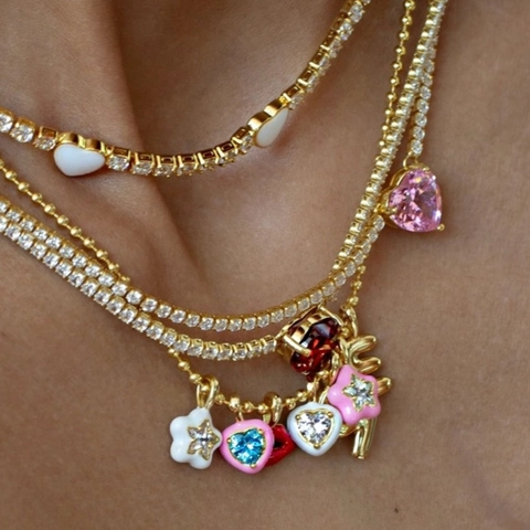 Fashion Copper Heart Flower Pendant Necklace For Women Gold Plated Enamel Lips Clavicle Chain Rhinestone Jewelry Gift