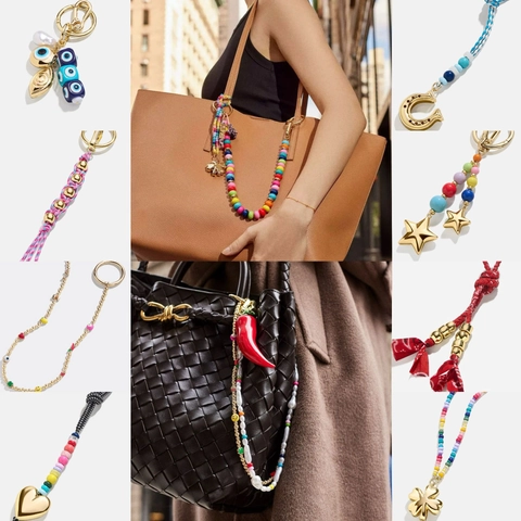 Handmade Woven Colorful Beaded Bag Charm Bohemian Evil Eye Star Heart Mushroom Pepper Keyring Accessory For Women Handbag Decoration