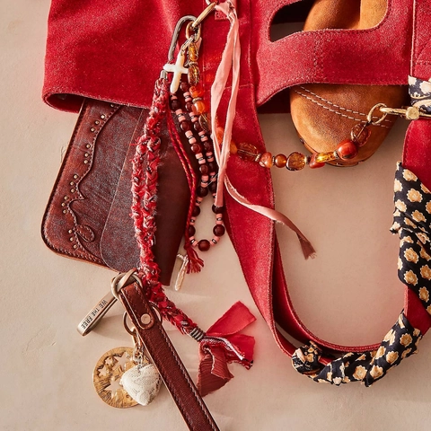 Boho Kupfer Perlen Stoff Quaste Kreuz Anhänger Taschenanhänger Vintage Ethnisch Paisley Muster Schlüsselanhänger Für Damen