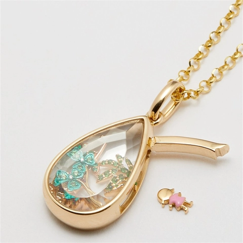 Collar de Relicario de Gota de Agua Abrible de Cobre Chapado en Oro de 14K para Mujer Dijes Flotantes Transparentes Joyería