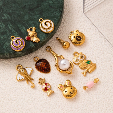 Stainless Steel Rabbit Conch Pendant Necklace 18K Gold Plated Artificial Pearl Rhinestone DIY Jewelry Accessory For Women Vintage Chain