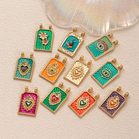 Retro Tarot Card Pendant Necklace Enamel Sacred Heart Evil Eye Hummingbird Gold Plated Vintage Jewelry For Women Men