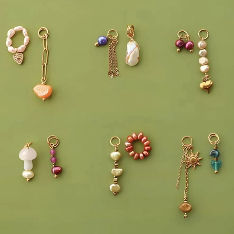 Edelstahl DIY Anhänger Halskette Für Damen 18K Vergoldet Künstliche Perle Jade Optik Herz Sonne Stern Pilz Schmuck
