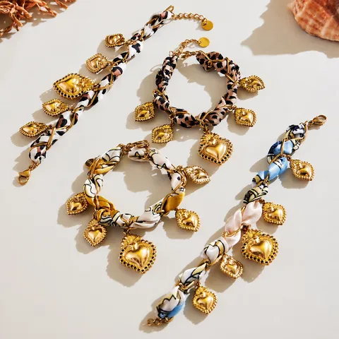 Collana E Bracciale Con Ciondolo a Cuore in Acciaio Inossidabile Vintage per Donna Gioielli Avvolti in Sciarpa di Raso Oro