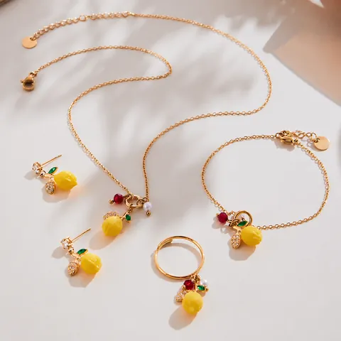 Stainless Steel Lemon Jewelry Set Yellow Resin Fruit Zircon Imitation Artificial Pearl Necklace Earrings Bracelet Ring For Women