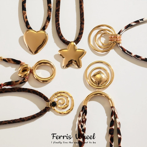 Stainless Steel Gold Geometric Pendant Necklace With Leopard Print Satin Scarf Bohemian Exaggerated Jewelry For Women