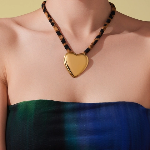 Stainless Steel Gold Geometric Pendant Necklace With Leopard Print Satin Scarf Bohemian Exaggerated Jewelry For Women