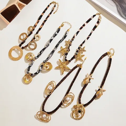 Bohemian Leopard Print Satin Scarf Stainless Steel Starfish Shell Pendant Necklace For Women Beach Vacation Fashion Jewelry