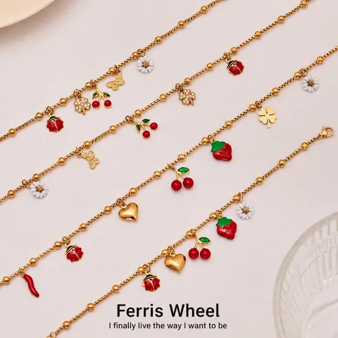 Bohemian Stainless Steel Jewelry Set For Women Gold Silver Plated Enamel Cherry Strawberry Ladybug Chili Heart Zircon Necklace Bracelet Ring