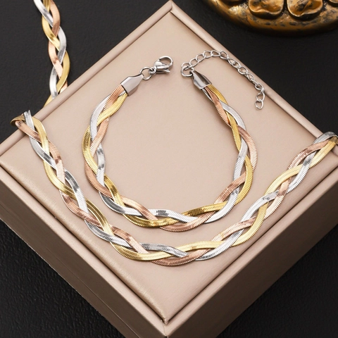 Minimalist Stainless Steel Tri-color Braided Snake Chain Necklace And Bracelet For Women Vintage Commute Jewelry Accessory