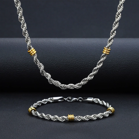 Stainless Steel Rope Chain Jewelry Gold Silver Two Tone Minimalist Necklace Bracelet Set For Men Women Hip Hop Urban Jewelry Gift