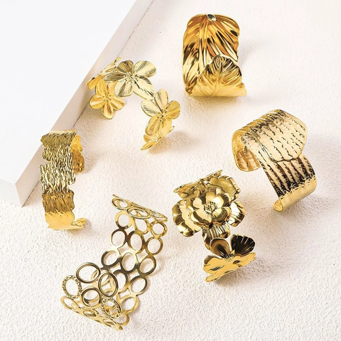 Irregular Hammered Stainless Steel Cuff Bracelet For Women 18K Gold Plated Vintage Flower Leaf Hollow Luxury Fashion Jewelry