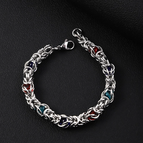 Byzantine Chain Bracelet Stainless Steel Inlaid Colorful Gemstones Adjustable Tail Chain Fashion Jewelry For Men Women