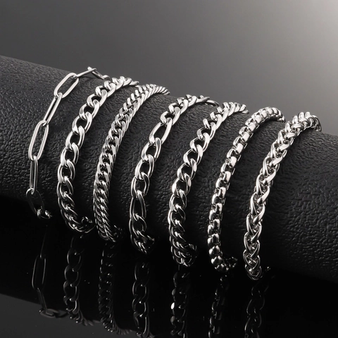 Stainless Steel Cuban Chain Bracelet For Men Women Silver Figaro Paperclip Box Wheat Chain Hip Hop Minimalist Link Bracelet Jewelry