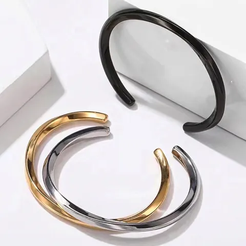 Jonc Ouvert Mobius en Acier Inoxydable Minimaliste pour Femmes Hommes Design Géométrique Moderne Torsadé Bracelet Manchette en Métal Poli Électroplaqué Bijoux