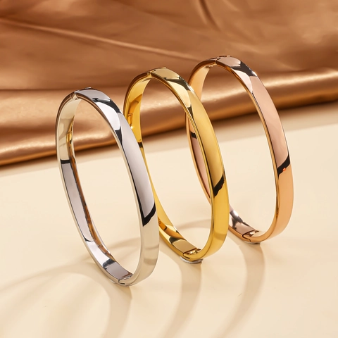 Minimalist Stainless Steel Domed Bangle For Women Electroplated Non-Tarnish High Polish Oval Hinge Bracelet Fashion Hand Jewelry