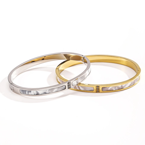 Fashion Stainless Steel Shell Inlaid Bangle For Women Minimalist Oval 18K Gold Plated Rhinestone Cuff Bracelet Jewelry Gift