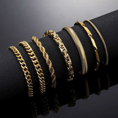 18K Gold Plated Stainless Steel Bracelet For Men Women Cuban Link Snake Byzantine Rope Chain Fashion Jewelry Gift