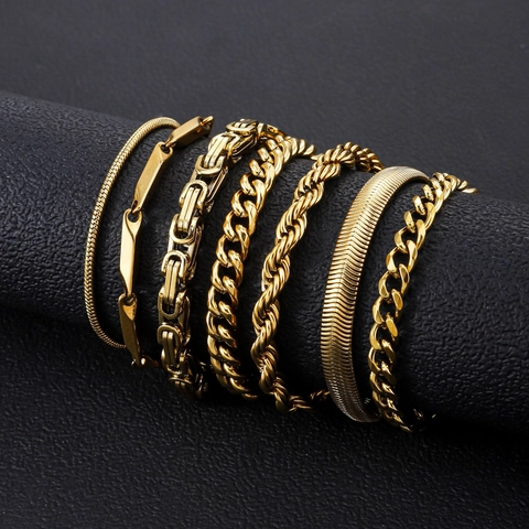 18K Gold Plated Stainless Steel Bracelet For Men Women Cuban Link Snake Byzantine Rope Chain Fashion Jewelry Gift