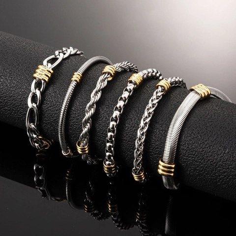 Men Vintage Stainless Steel Bracelet Gold-Tone Bead Accents Figaro Snake Bone Twist Chain Two-Tone Fashion Jewelry Accessory Gift