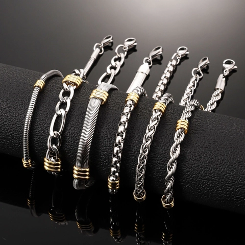 Men Vintage Stainless Steel Bracelet Gold-Tone Bead Accents Figaro Snake Bone Twist Chain Two-Tone Fashion Jewelry Accessory Gift